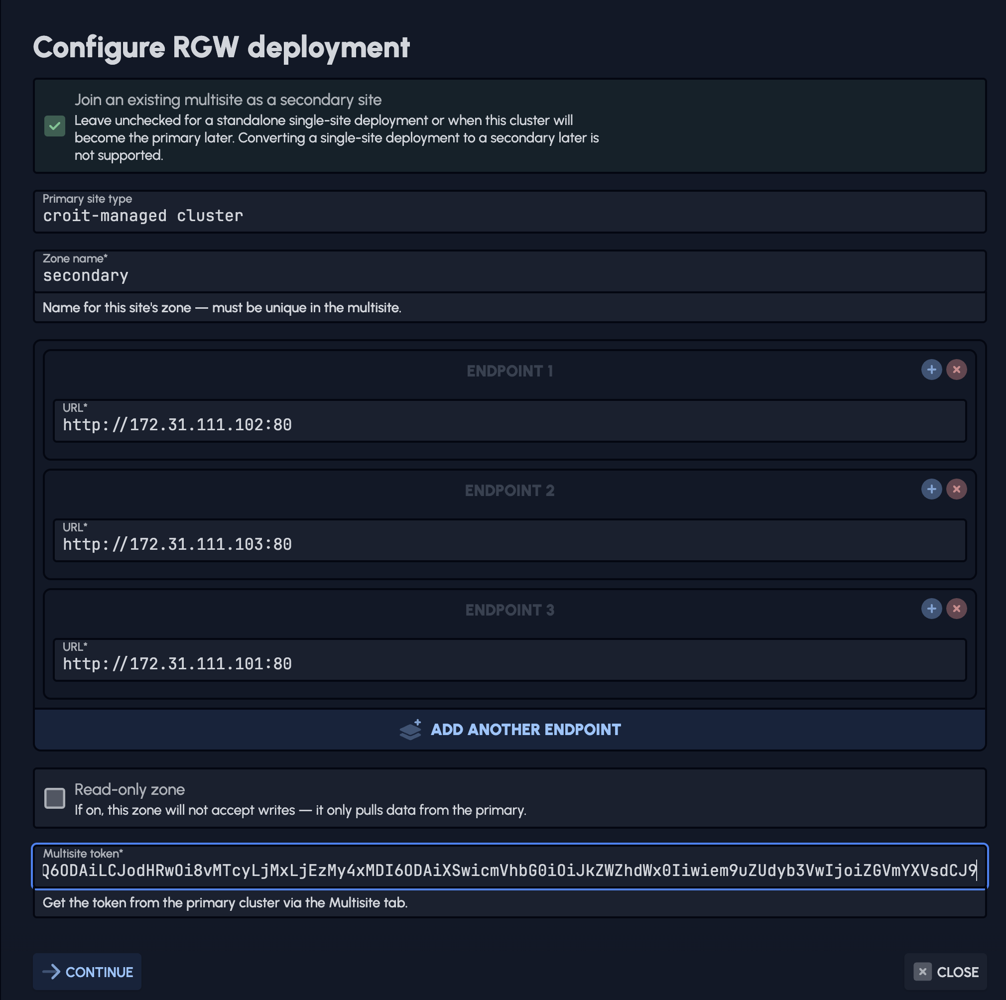 Configure RGW deployment as a secondary site