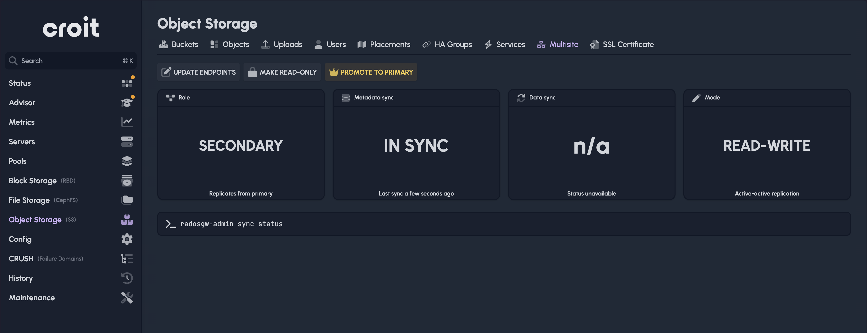 Multisite dashboard on a secondary site