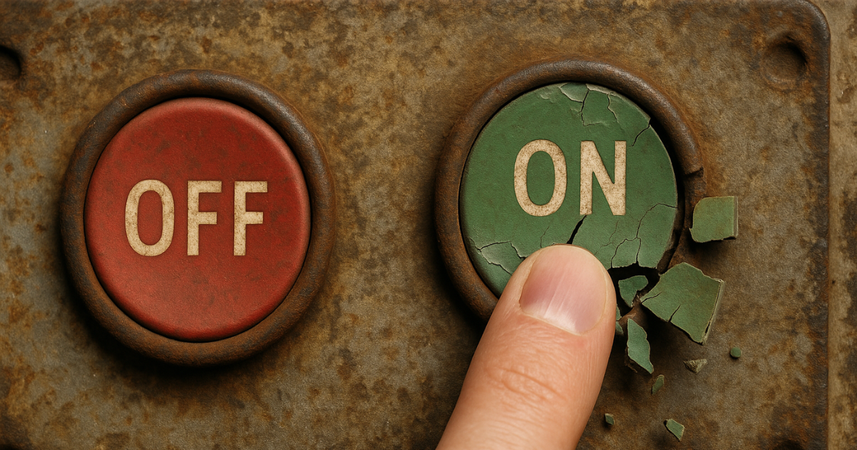 a red/green off/on pair of old and rusty electrical buttons. And the "on" button breaks under the user's finger.