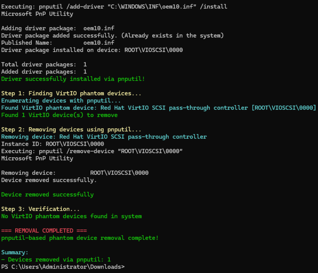 Successful script execution: The storage driver is now flagged to load at boot.